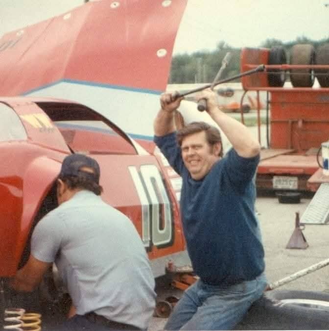 Denny and Wayne clowning around at a test and tune trying to make the hotrod faster