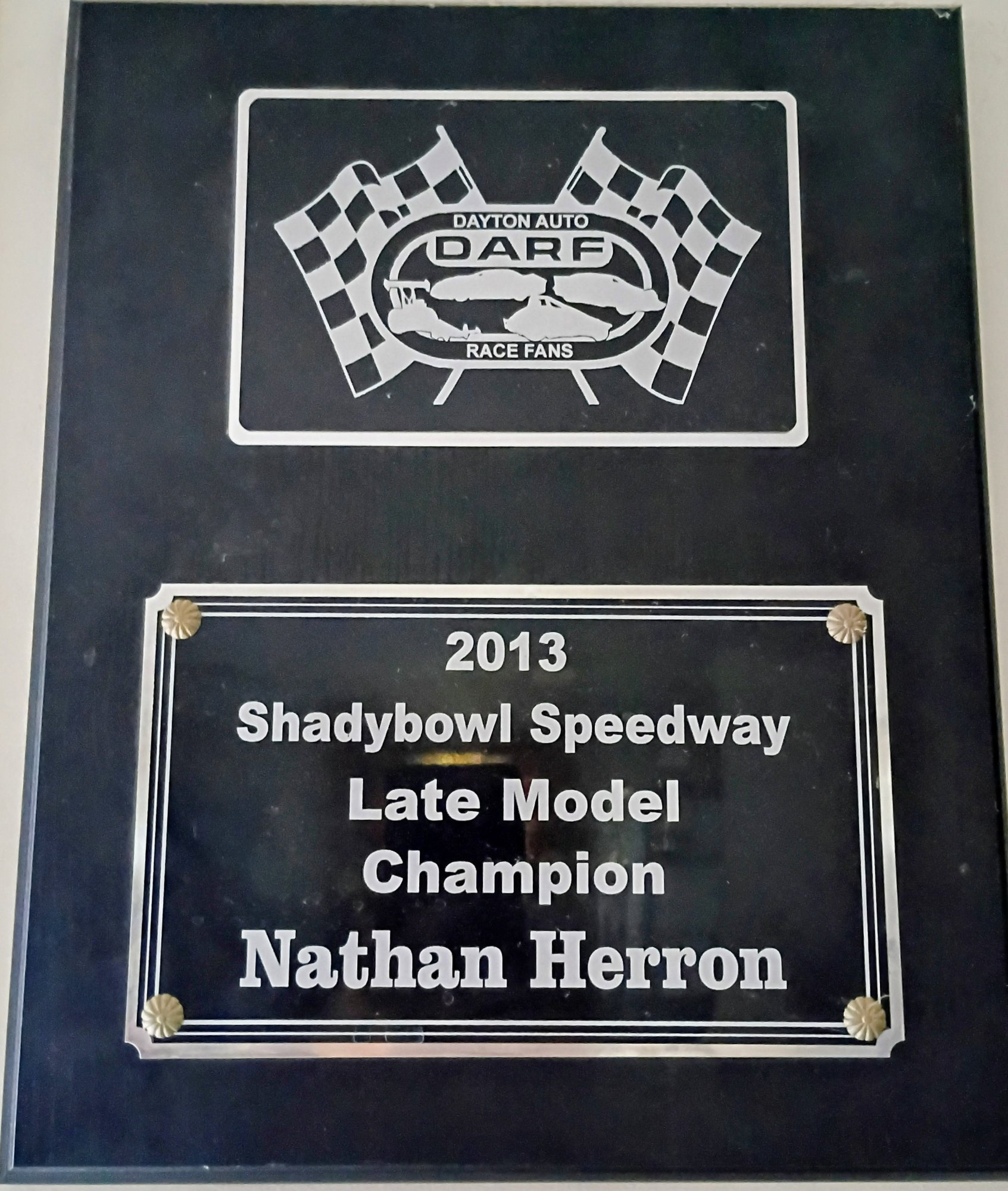 The DARF plaque for the Shadybowl Speedway late model track champion  Nathan Herron driving the Shatto Motorsports #110 late model